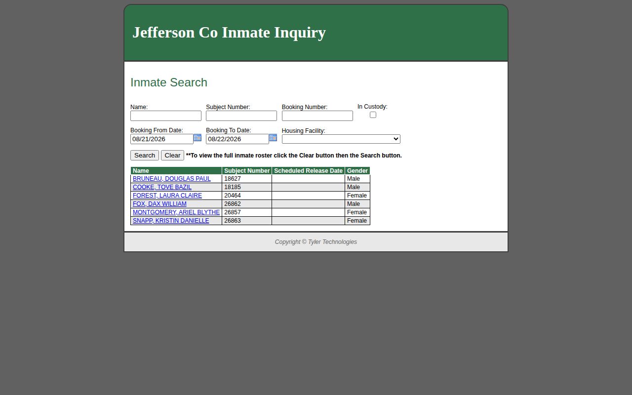 Jefferson County inmate inquiry booking and roster search form